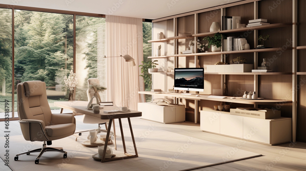 Home office with ergonomic design. Productive elegance. A workspace promoting well-being and efficiency in style