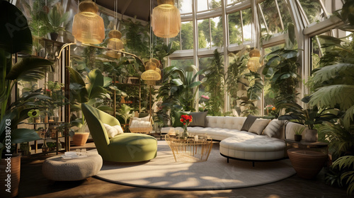 Greenhouse-inspired living room. Biophilic design. An oasis filled with tropical plants, blending the outdoors with indoor luxury photo