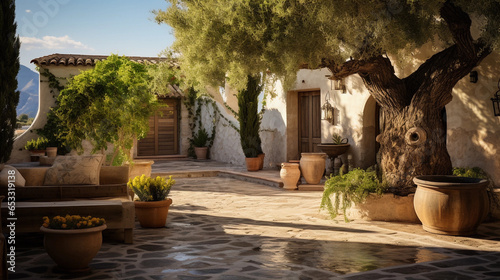 Mediterranean courtyard with olive trees and fountains. Sun-kissed serenity. An outdoor space evoking the charm of southern Europe photo