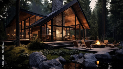 Rustic cabin with a contemporary twist. Woodsy retreat. A cozy hideaway blending traditional timber with sleek design elements