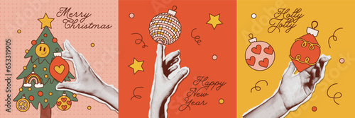 Happy New Year and Merry Christmas retro greeting cards set. Square banners with trendy halftone elements for collages. Hands holding xmas tree toys, balls with cute written text. Vector illustration.