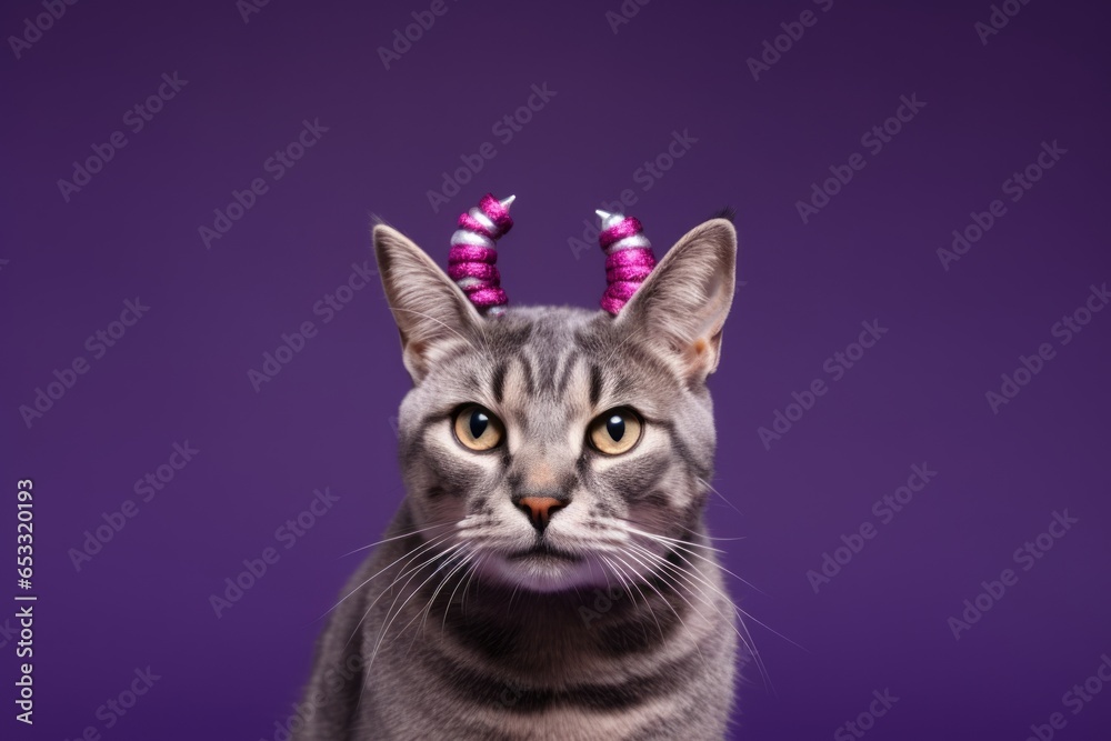 Obraz premium american shorthair cat wearing a reindeer antlers headband against a vibrant purple background