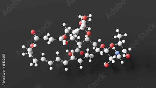 natamycin molecule, molecular structure, pimaricin, ball and stick 3d model, structural chemical formula with colored atoms