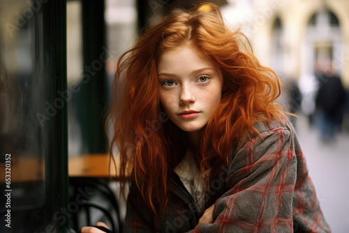 Red-haired woman in a sidewalk cafe, Paris, France