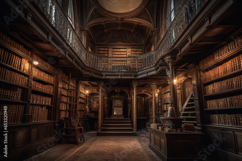 In the heart of an ancient library, leather-bound tomes filled towering shelves, their pages whispering the accumulated knowledge and tales of generations long past, a sanctuary of wisdom.