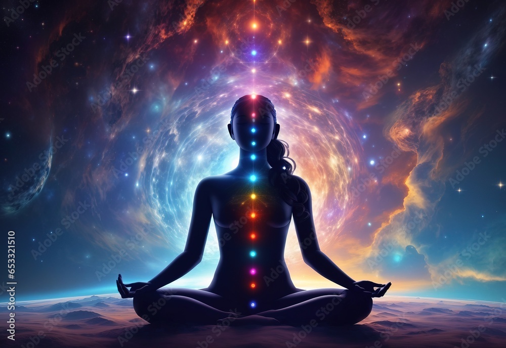 State of mind concept. Transcendental chakras space meditation human silhouette. Cosmic background