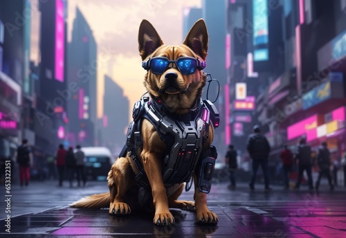 Techno dog againt cyberpunk city background photo
