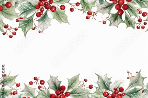 Watercolor christmas holly frame with berries and christmas flowers