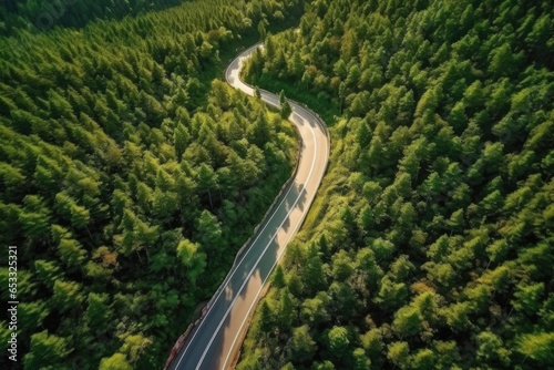 Curvy road through forest. Aerial view on mountain landscape.
