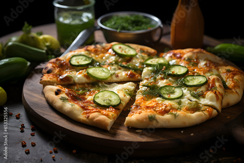 Unusual pizza with pickled cucumbers on wooden table in a restaurant