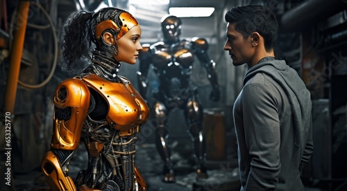 romantic AI robots, couple of AI robots, bionic robot couploe, humanoid robots talking together