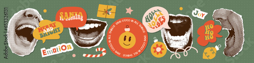 Emotional vintage halftone mouth elements with warm Christmas Greetings in speech bubbles. Paper torn out mixed media stickers with bright doodle elements. Vector illustrations pack.