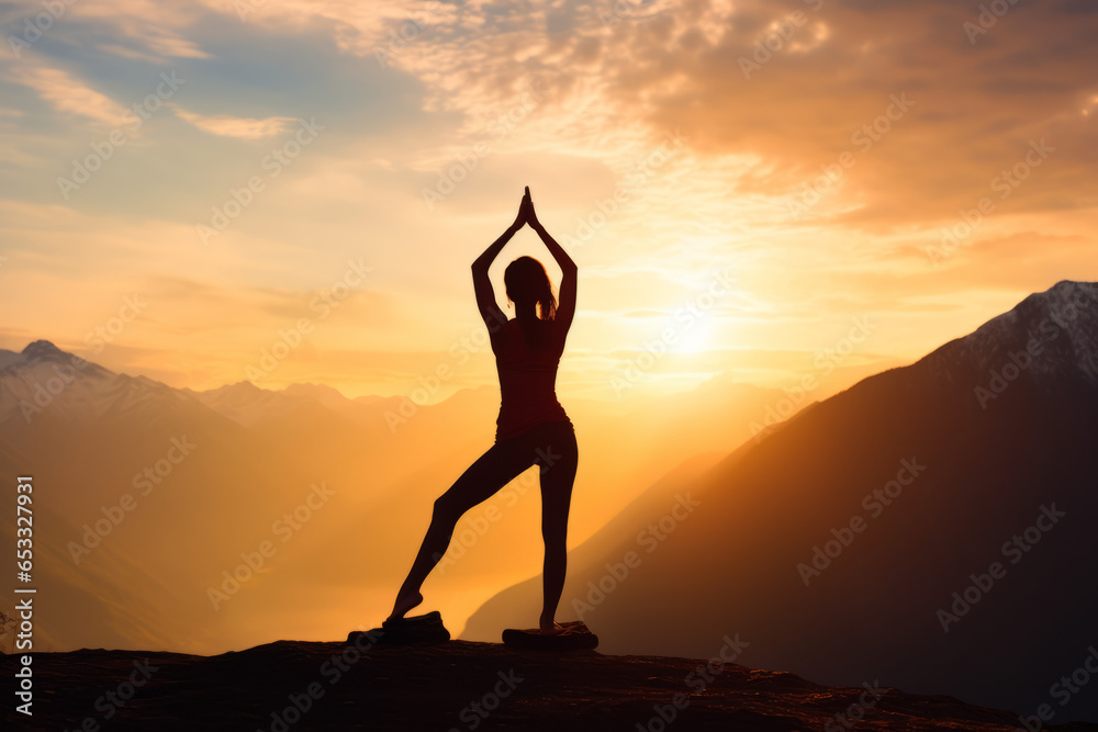 Young woman doing beautiful yoga pose king of the dancer, sunset silhouette in mountains over blue sky and clouds with sun sunlight background
