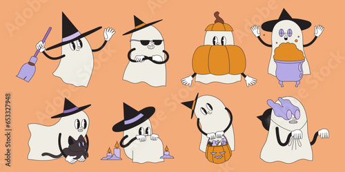Groovy retro ghost Halloween set. Funky spooky boo characters. Magic scary spirits with different emotions and face expressions in witch costumes. Cartoon vector illustrations of comic phantoms.