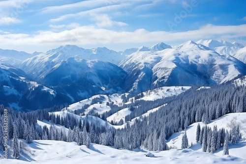Panoramic scenic areal view from top of mountain landscapes winter valley  snow-capped peaks of mountains and trees  hills. Concept Swiss Alps  Krasnaya Polyana  Sochi  Sheregesh  Austria