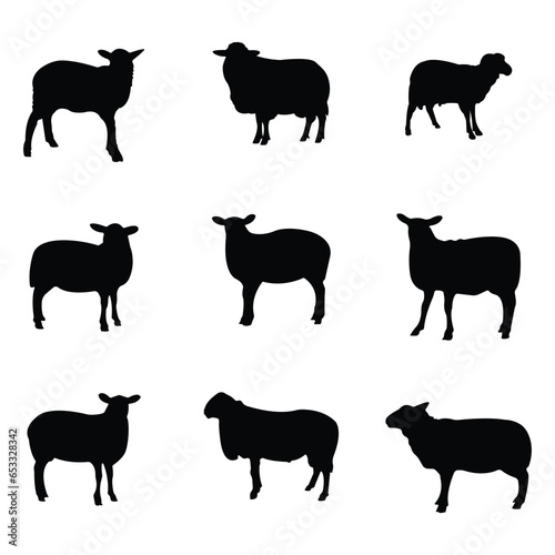 Set of 9 Lamb icons with vintage texture. The set of sheep silhouette