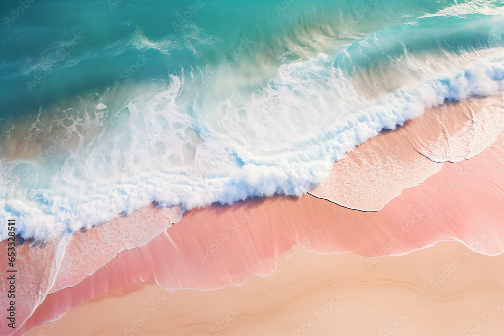 Tropical pink beach with waves. Aerial view of the beach ocean

