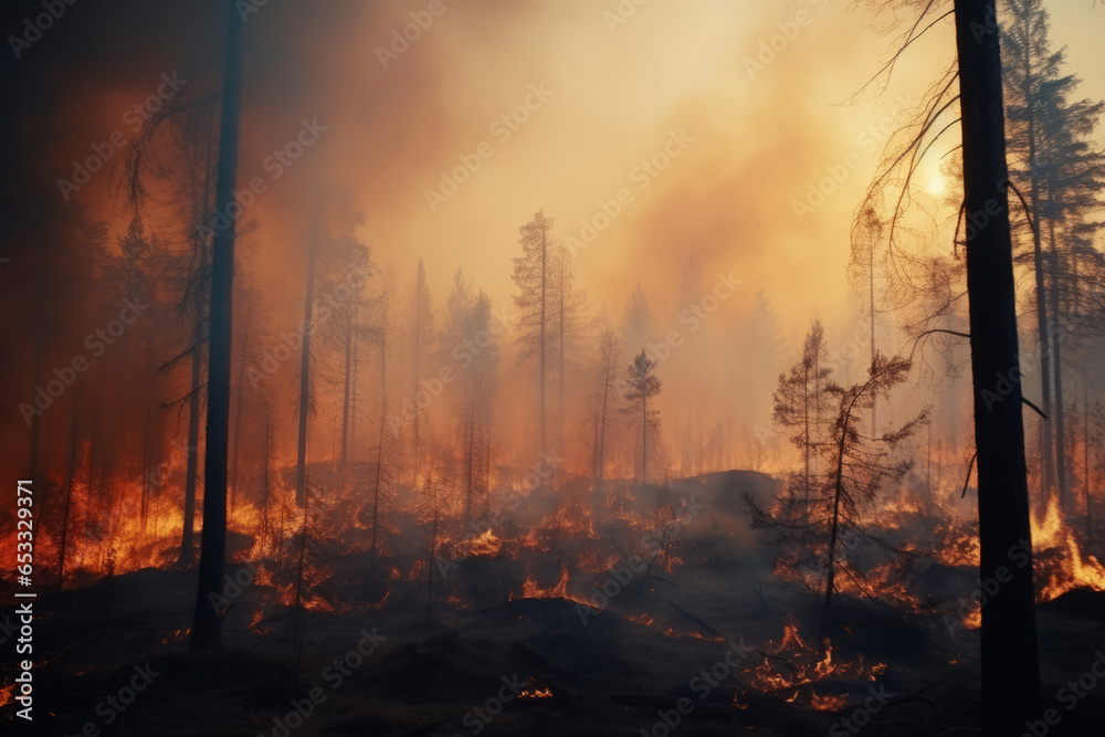 Forest fire. Burned trees after forest fires and lots of smoke Forest fire. Burned trees after forest fires and lots of smoke