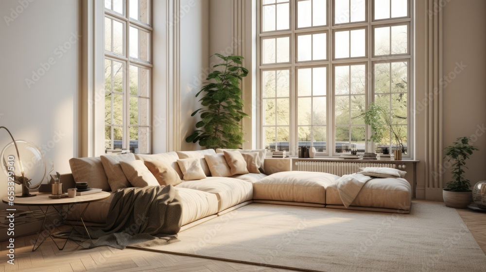 Beige corner daybed sofa against large windows