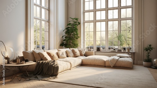 Beige corner daybed sofa against large windows © thesweetsheep