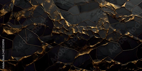 Dark stone texture background with gold accents.