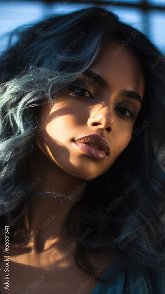 Portrait of Stunning Young Latino Woman with Blue Hair Captured in Golden Hour and Natural Light, High-Quality Beauty Photography Portrait of Stunning Young Latino Woman with Blue Hair Captured in Golden Hour and Natural Light, High-Quality Beauty Photography