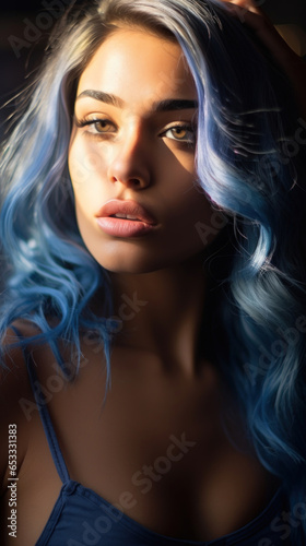 Portrait of Stunning Young Latino Woman with Blue Hair Captured in Golden Hour and Natural Light, High-Quality Beauty Photography