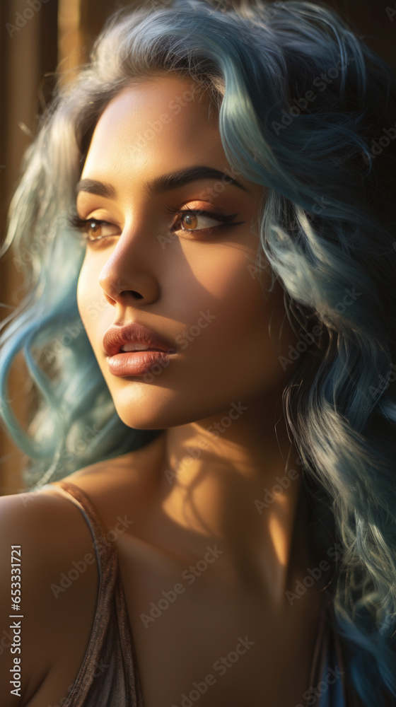 Naklejka premium Portrait of Stunning Young Latino Woman with Blue Hair Captured in Golden Hour and Natural Light, High-Quality Beauty Photography