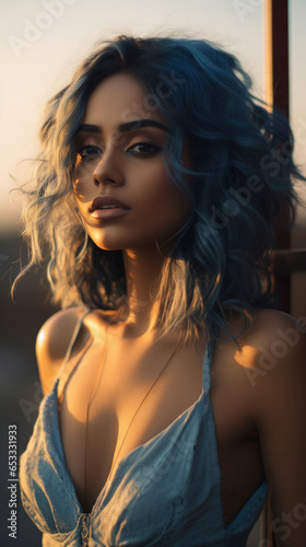 Portrait of Stunning Young Latino Woman with Blue Hair Captured in Golden Hour and Natural Light, High-Quality Beauty Photography