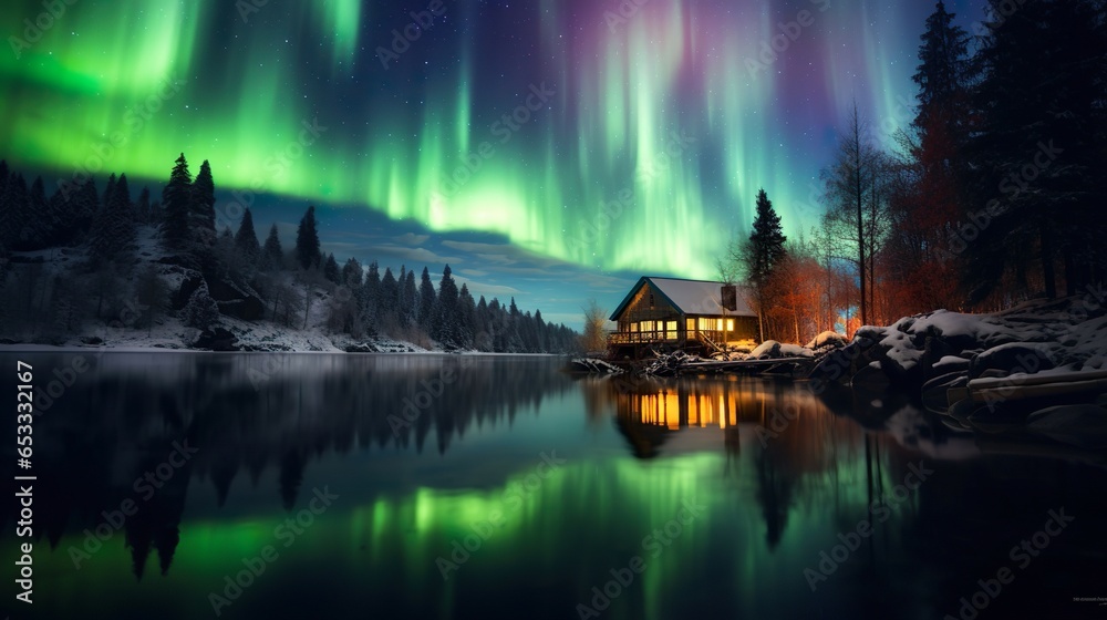 Fototapeta premium A beautiful winter landscape photography with a wooden house by the lake and aurora polaris in the sky