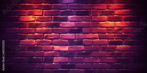 Urban elegance. Neon lit brick wall texture. Grunge glow. Retro brickwork background. Nightclub chic in purple hues. Industrial impressions. Bright concrete and stone texture