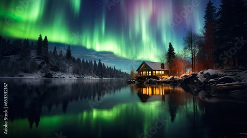 A beautiful winter landscape photography with a wooden house by the lake and aurora polaris in the sky