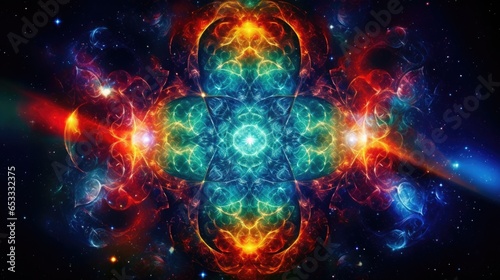 Cosmic kaleidoscope background. Abstract sci-fi mandala fractal luminous neon glowing colorful lights wallpaper..