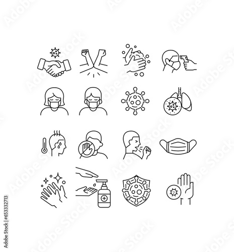 Coronavirus symptoms, precautions sign. mask, fever check scanner thermometer, elbow shake, hand sanitizer. Virus related icons-thin, black and white kit.Vector illustration