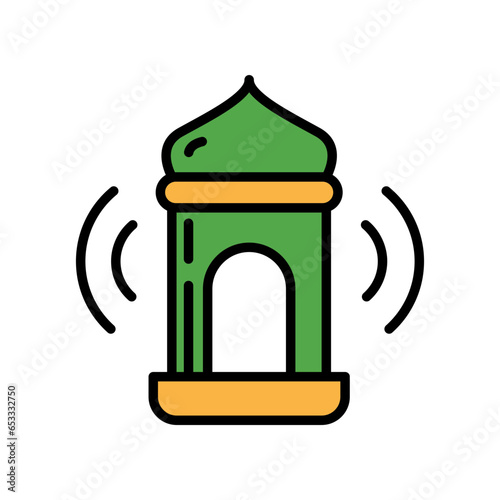 Islamic religion architecture. The Tall slender tower in muslim mosque. Eid al fitr mubarak. Minaret, adzan, eid, islam, ramadan, religion icon. Vector illustration. Design