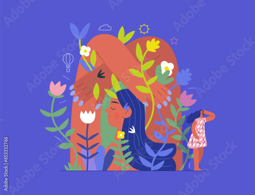 Greenery  ecology -modern flat vector concept illustration of a mural of a woman  surrounded by plants. Metaphor of environmental sustainability and protection  closeness to nature