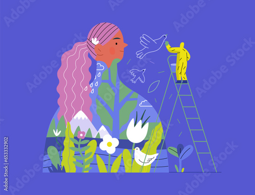 Greenery, ecology -modern flat vector concept illustration of a man painting a mural of a woman, composed with landscape. Metaphor of environmental sustainability and protection, closeness to nature