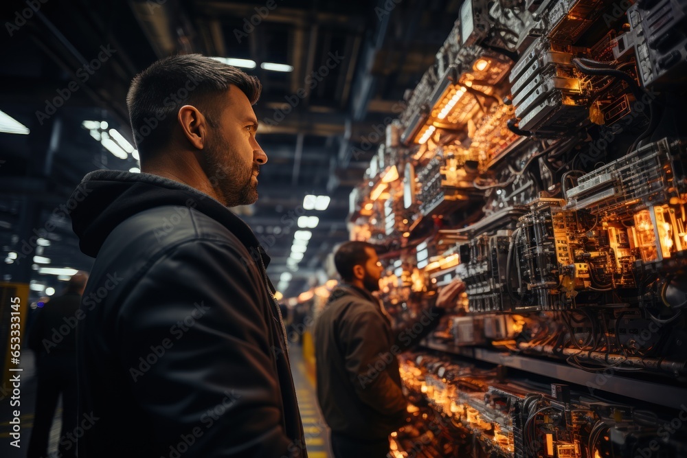 Electrical engineer working at power station Male engineer looks at electrical circuits and planning for high voltage power production. Electrical engineer working at power station Male engineer looks at electrical circuits and planning for high voltage power production.