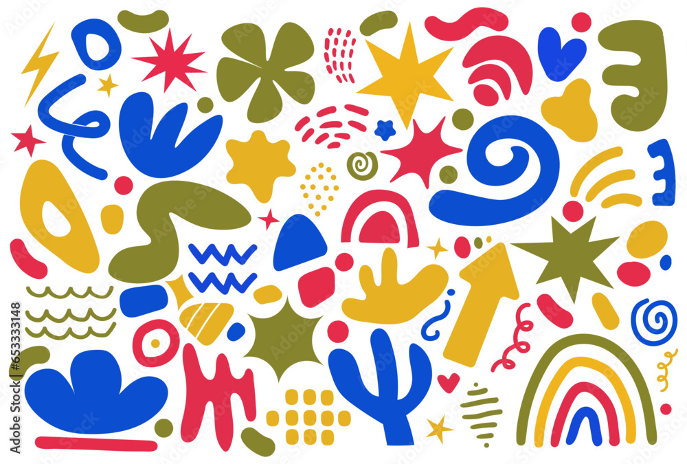 Set of abstract shapes drawn by hand. Colorful background with doodle nature forms. Vector illustration