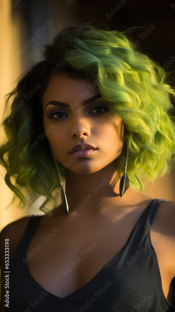 Fototapeta premium Portrait of Stunning Young Latino Woman with Green Hair Captured in Golden Hour and Natural Light, High-Quality Beauty Photography