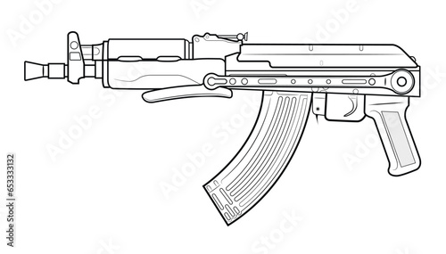 Vector illustration of AK47 assault carbine with folded stock and short barrel. Left side.