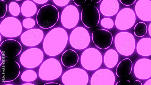 Background with neon flashing circles. Design. Bright neon circles blink on black background. Flashing background with round dots in retro electro pattern