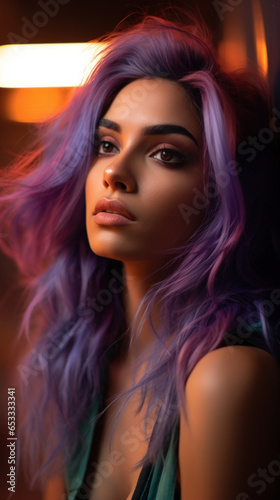 Portrait of Stunning Young Indian Woman with Purple Hair Captured in Golden Hour and Natural Light, High-Quality Beauty Photography