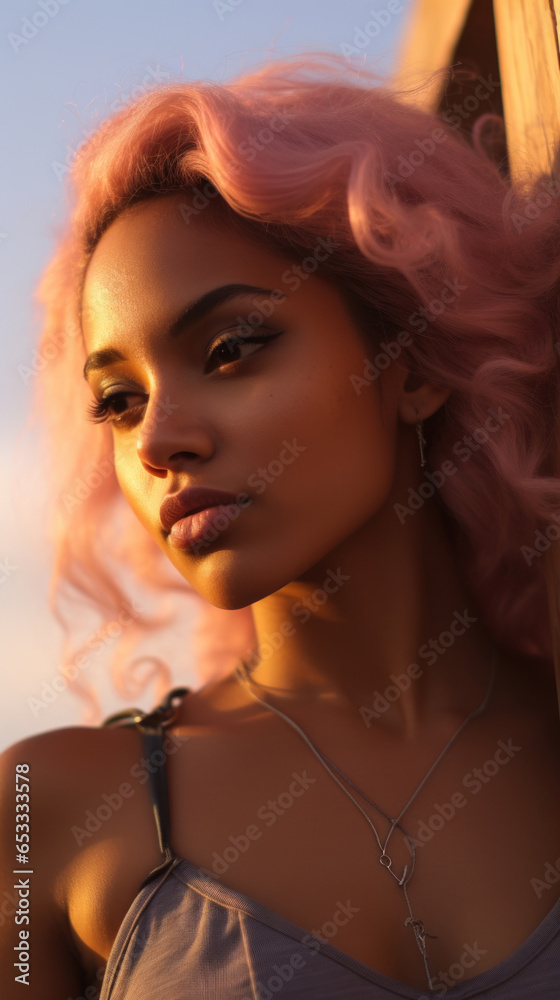 Fototapeta premium Portrait of Stunning Young Latino Woman with Pink Hair Captured in Golden Hour and Natural Light, High-Quality Beauty Photography