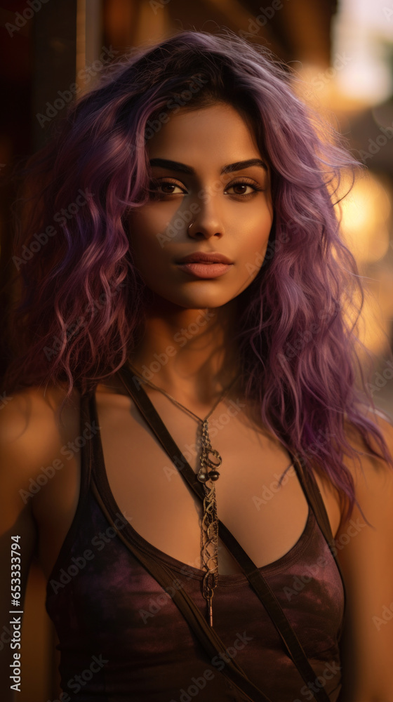 Fototapeta premium Portrait of Stunning Young idian Woman with Purple Hair Captured in Golden Hour and Natural Light, High-Quality Beauty Photography