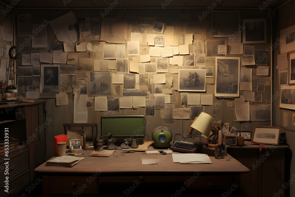 investigation paper cuting pasted on bord like a spy annalisis on wall or bord detective annalisis, images sticked on wall papercutouts room of a spy or detective 