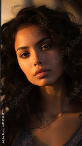 Portrait of Stunning Young Latino Woman with Black Hair Captured in Golden Hour and Natural Light, High-Quality Beauty Photography