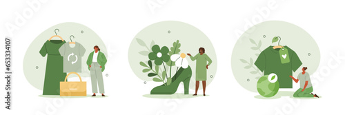Sustainable fashion concept illustration. Characters buying recycling eco friendly clothes and textile. Slow fashion and thrift or second hand shopping. Vector illustrations set. photo