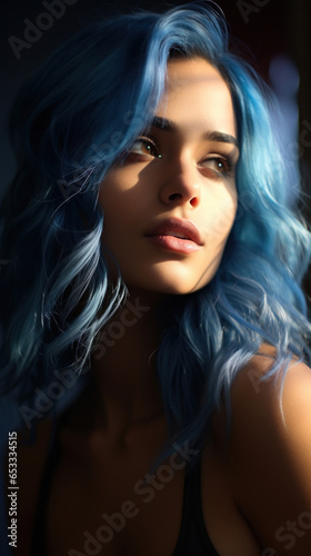 Portrait of Stunning Young Latino Woman with Blue Hair Captured in Golden Hour and Natural Light, High-Quality Beauty Photography