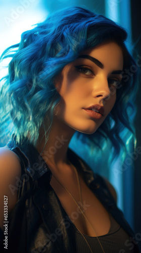 Portrait of Stunning Young Latino Woman with Blue Hair Captured in Golden Hour and Natural Light, High-Quality Beauty Photography